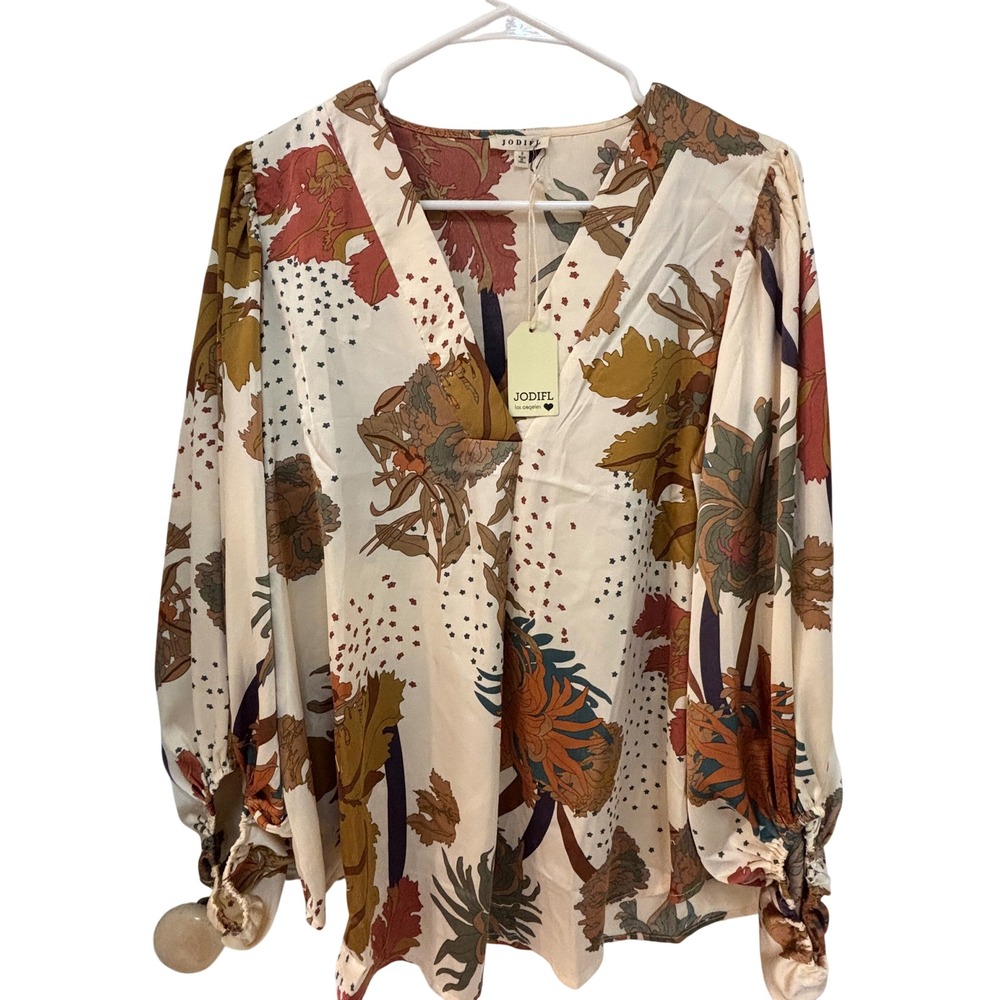 JODIFL Los Angeles Floral V-Neck Balloon Sleeve Blouse Cream Orange Small H55031
